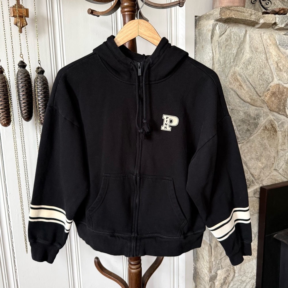 Victoria's Secret Pink Ivy Fleece Campus Black Full-Zip Hoodie Sweatshirt Medium